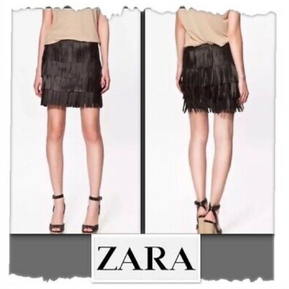 Zara Black Leather Fringe Skirt Size L - Picture 6 of 16